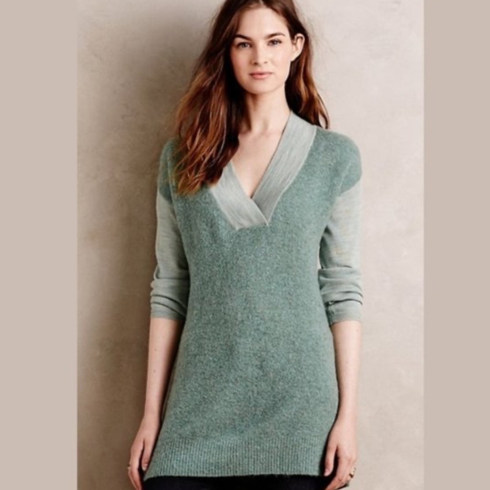 Anthropologie Moth Wool Alpaca Blend Two Tone Green VNeck Tunic Sweater